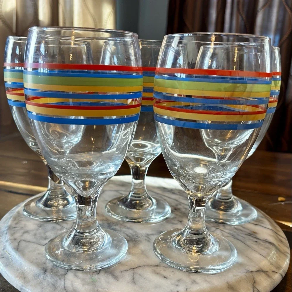 SETof5‎ VTG Libbey Mambo Fiesta Multi Striped Wine Water Glasses Stemmed Goblets